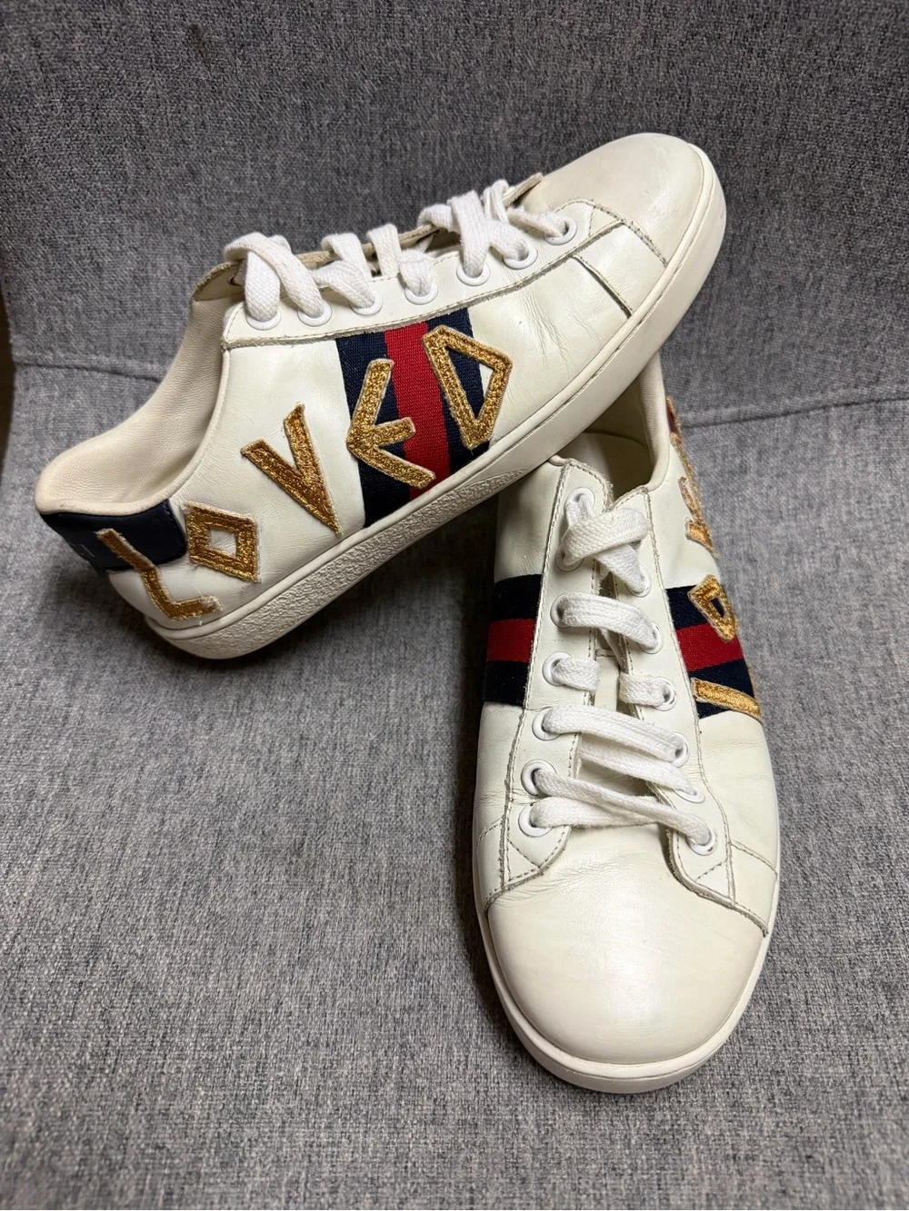 White Leather 'Loved' Low-Top Sneakers with Red & Blue Stripe